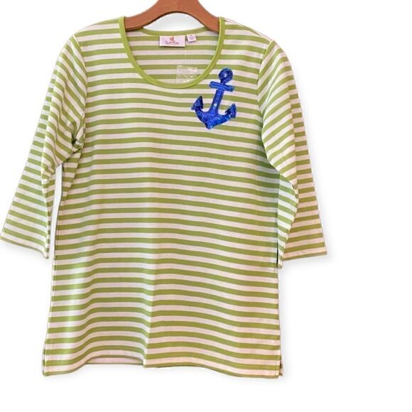 Quacker Factory Sz XS NWT Green Stripe Sequins Top - Picture 1 of 10